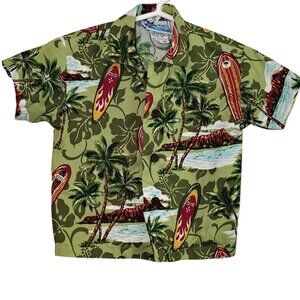 Boys Green Hawaiian Button-up Surfboard Print Short Sleeve Shirt Size 18 Months